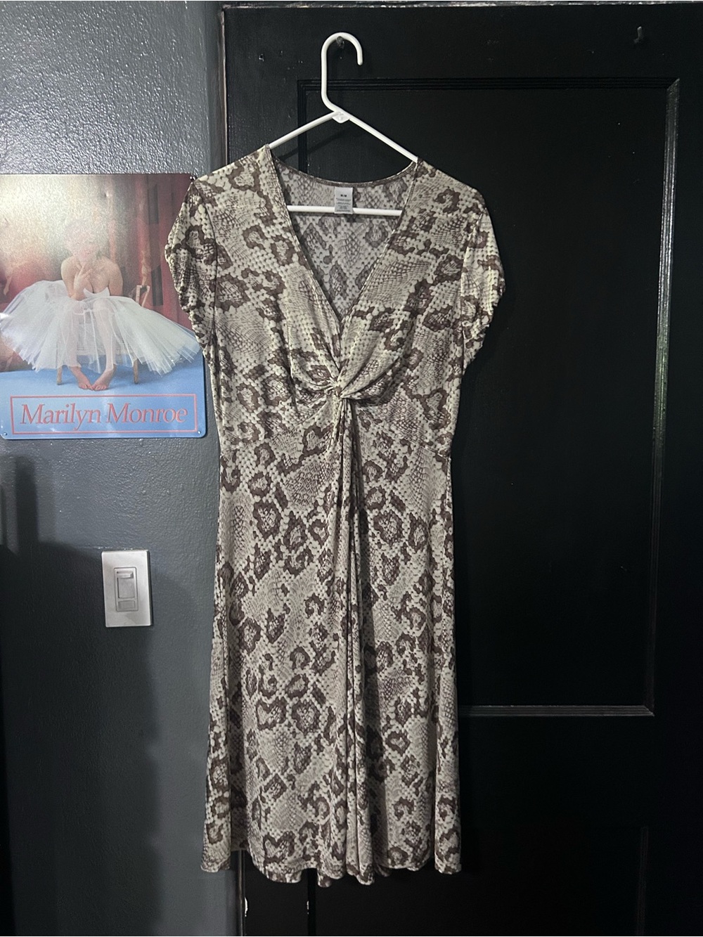 Knot-Front Snake Print Midi Dress in Beige and Brown